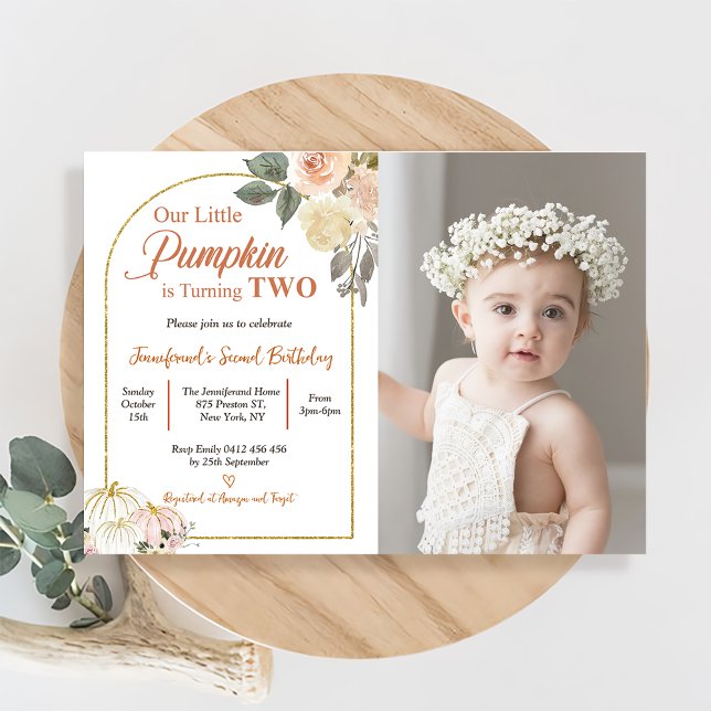 Fall in Love 2nd Birthday Rust Flowers Pumpkin Invitation (Creator Uploaded)