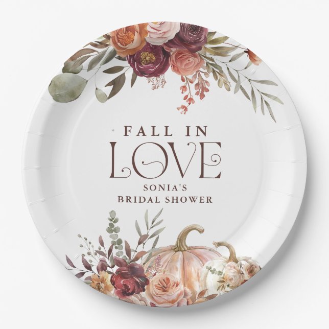 'Fall In Love' Autumn Blooms Pumpkin Bridal Shower Paper Plates (Front)