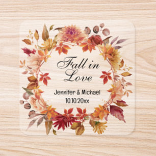 fall in love, autumn botanical wedding clear square sticker
