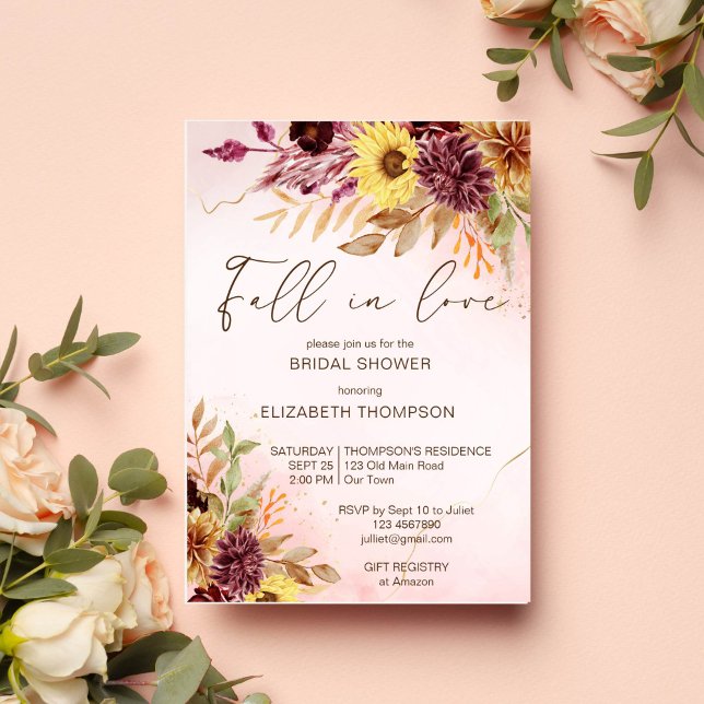 Fall in love autumn bridal shower invite (Fall in love autumn bridal shower yellow brown foliage sunflowers watercolor invitation template)