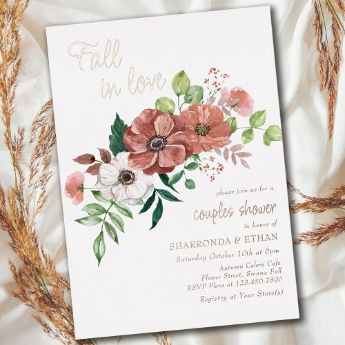 Fall in Love Autumn Couples Shower Rose Gold Foil Invitation