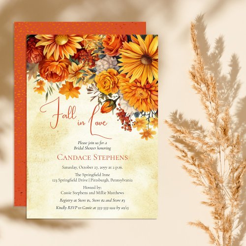 Fall in Love Autumn Floral Bouquets Bridal Shower Invitation