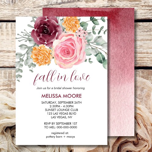 Fall in love autumn floral burgundy bridal shower invitation
