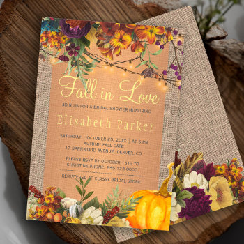 Fall In Love Autumn Floral Burlap Bridal Shower Invitation by invitations_kits at Zazzle