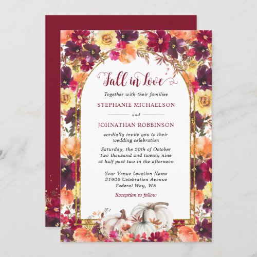 Fall in Love Autumn Floral Gold Arch Wedding Invit Invitation