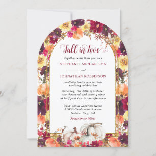 Fall in Love Autumn Floral Gold Arch Wedding Invitation
