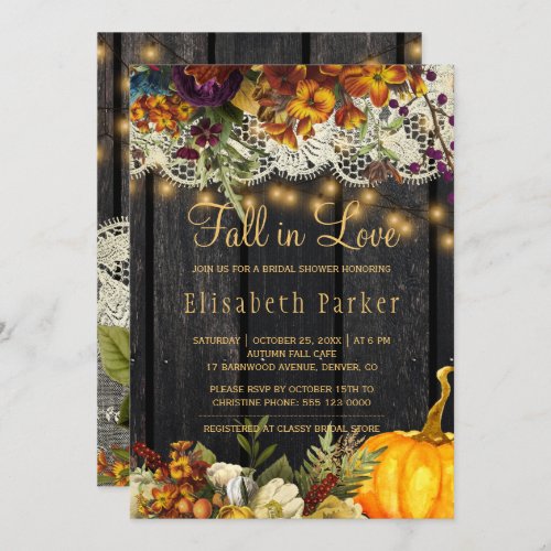 Fall in Love autumn floral lace wood bridal shower Invitation