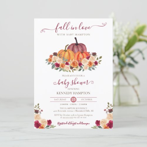 Fall in Love _ Autumn Floral _ Pumpkin Baby Shower Invitation