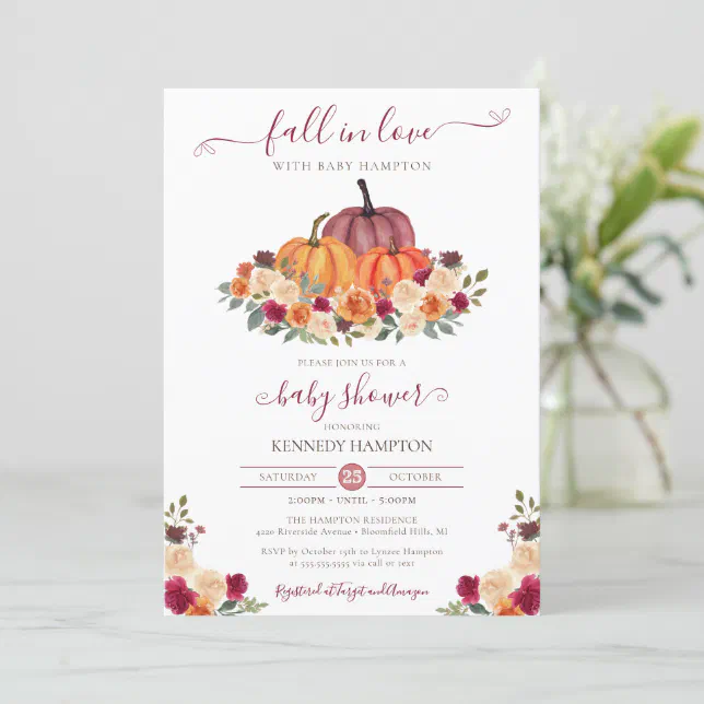 Fall in Love - Autumn Floral - Pumpkin Baby Shower Invitation | Zazzle