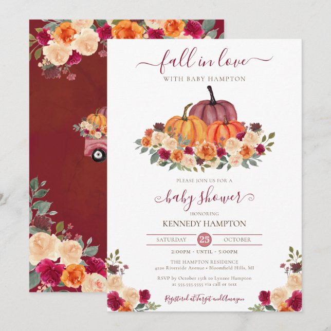 Fall in Love Autumn Floral Pumpkin Baby Shower Invitation (Front/Back)