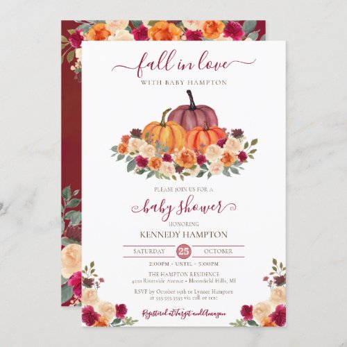 Fall in Love Autumn Floral Pumpkin Baby Shower Invitation