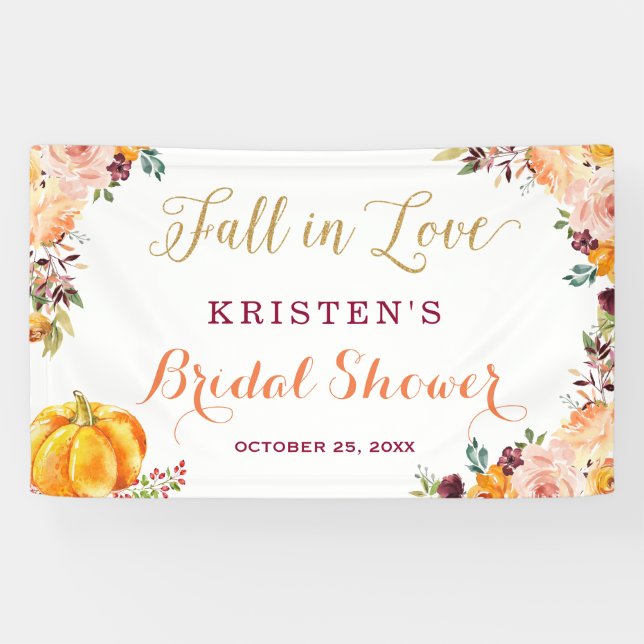 Fall in Love Autumn Floral Pumpkin Bridal Shower Banner (Horizontal)