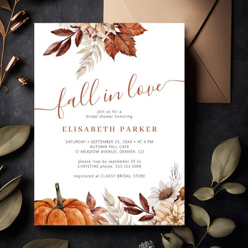 Fall in love autumn floral pumpkin bridal shower invitation