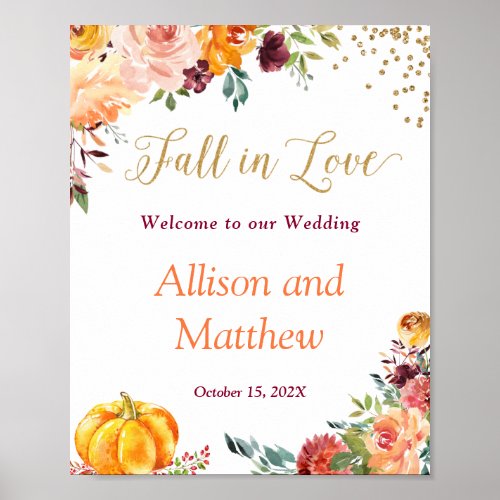 Fall in Love Autumn Floral Pumpkin Wedding Sign