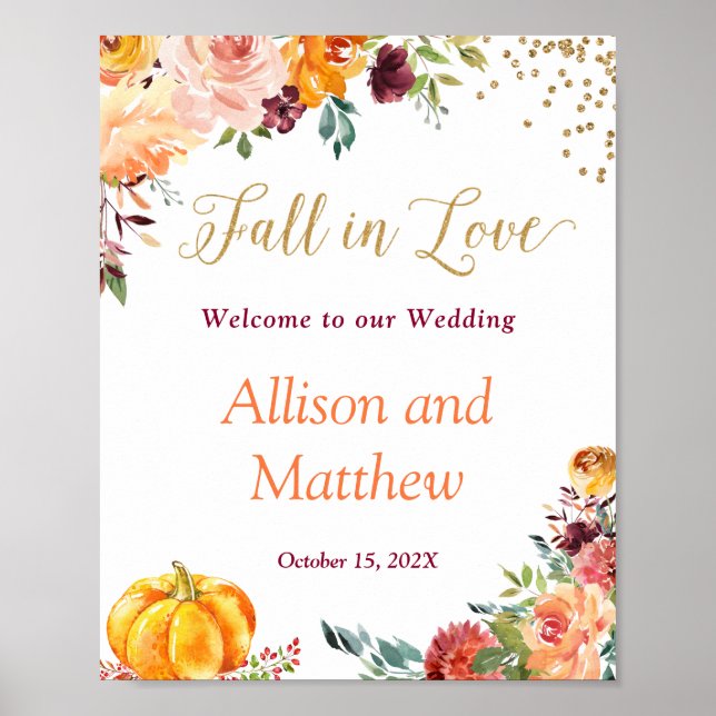 Fall in Love Autumn Floral Pumpkin Wedding Sign (Front)