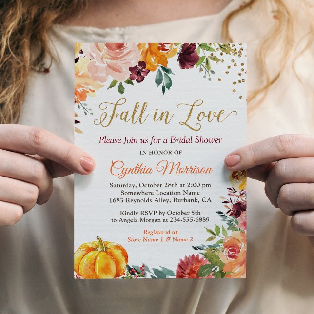 Fall in Love Autumn Floral Romance Bridal Shower Invitation