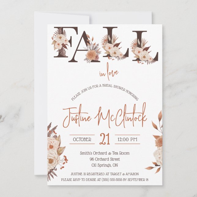Fall In Love! Autumn Floral themed Bridal Shower Invitation (Front)