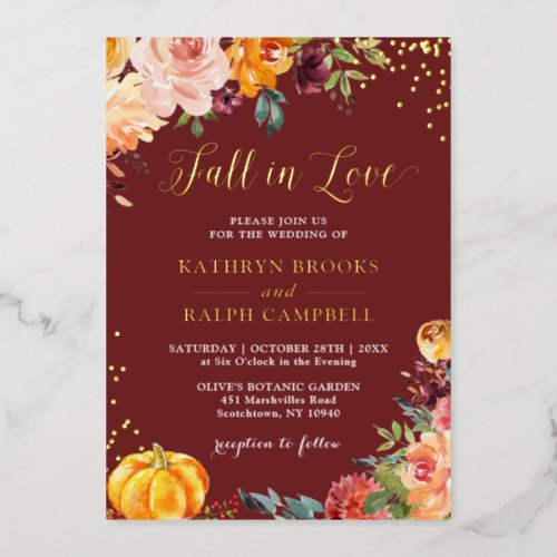 Fall in Love Autumn Floral Wedding Real Gold Foil Invitation