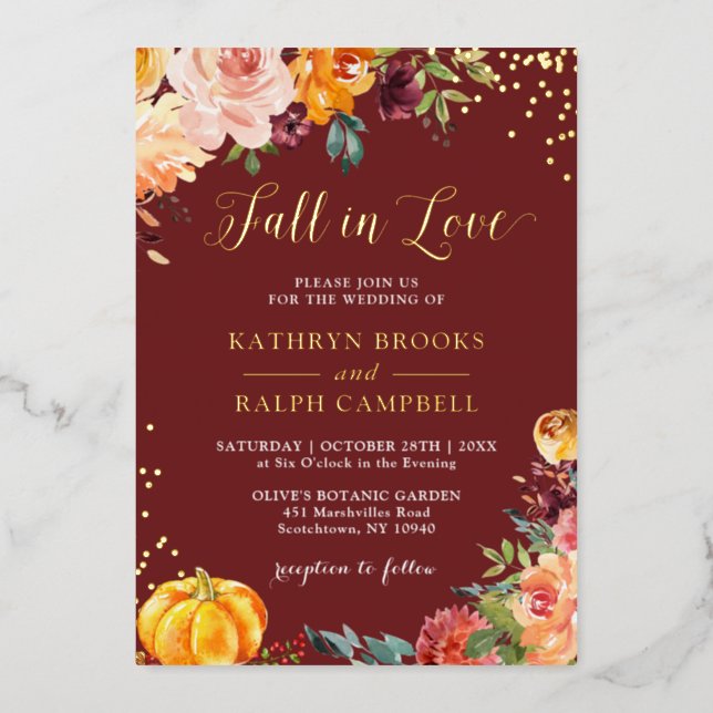 Fall in Love Autumn Floral Wedding Real Gold Foil Invitation (Front)