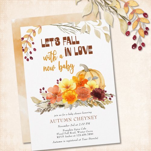 Fall in Love Autumn Flowers Pumpkin Baby Shower Invitation
