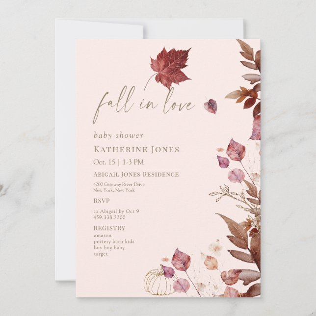 Fall in Love Autumn Foliage Blush Baby Shower Invitation (Front)