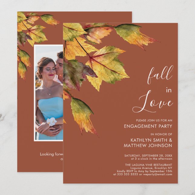 Fall in Love Autumn Foliage Elegant Engagement Invitation (Front/Back)