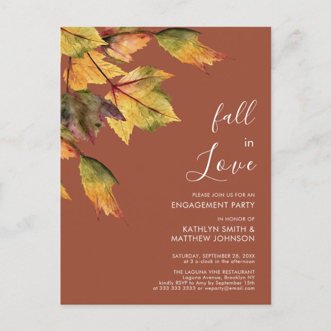 Fall in Love Autumn Foliage Elegant Engagement Invitation Postcard (Front)