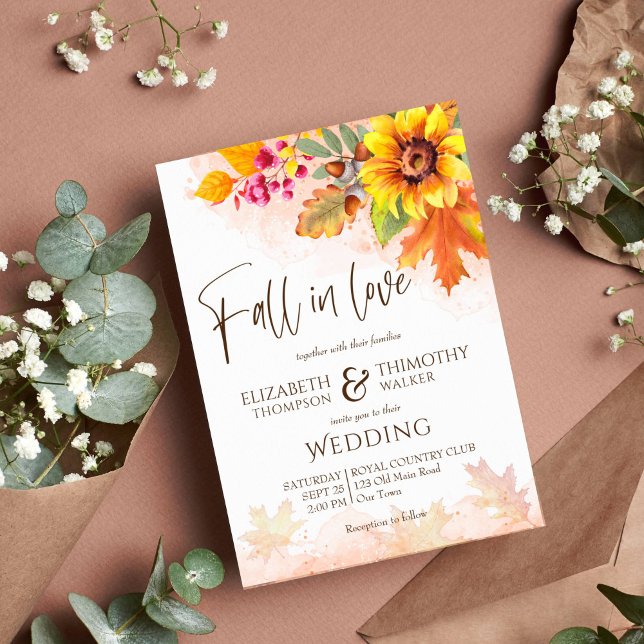 Fall in love autumn foliage sunflower wedding invitation (Fall in love autumn wedding invitation template instant download watercolor fall foliage sunflowers)