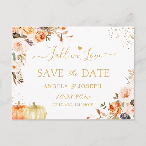 Fall in Love Autumn Gold Boho Floral Save the Date Postcard