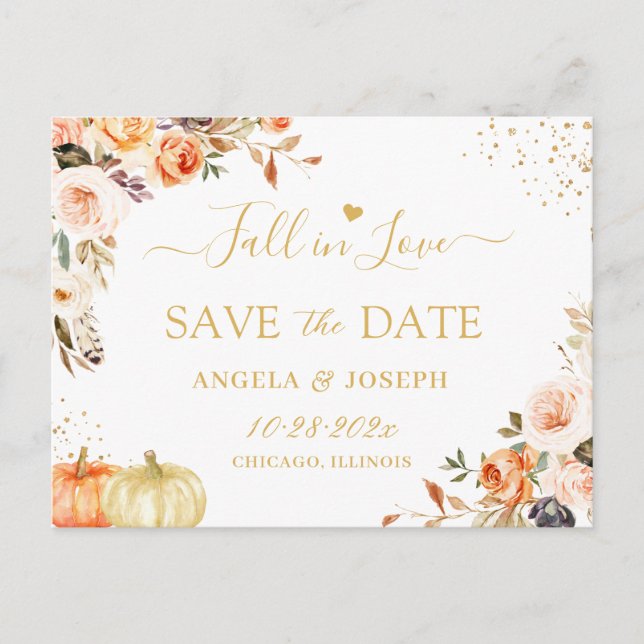 Fall in Love Autumn Gold Boho Floral Save the Date Postcard (Front)