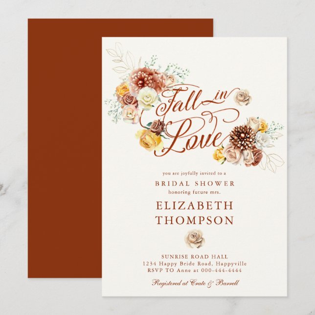 Fall in Love Autumn Gold Bouquet Bridal Shower Invitation (Front/Back)