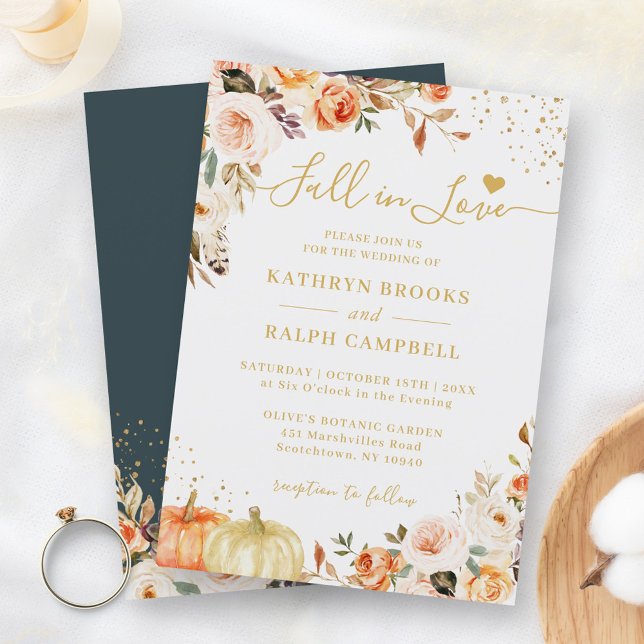 Fall in Love Autumn Gold Floral Pumpkin Wedding Invitation (Creator Uploaded)