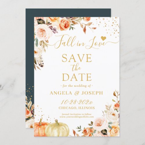 Fall in Love Autumn Gold Floral Pumpkins Wedding Save The Date - Fall in Love Autumn Gold Floral Pumpkins Wedding Save the Date Card. 
(1) For further customization, please click the "customize further" link and use our design tool to modify this template. 
(2) If you prefer Thicker papers / Matte Finish, you may consider to choose the Matte Paper Type.