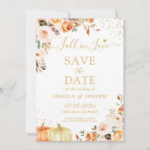 Fall in Love Autumn Gold Floral Pumpkins Wedding Save The Date
