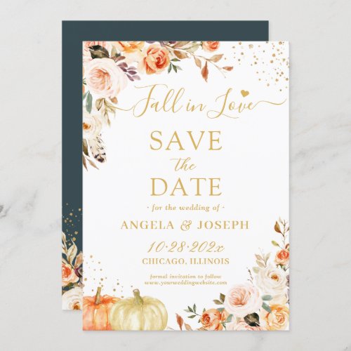Fall in Love Autumn Gold Floral Pumpkins Wedding Save The Date