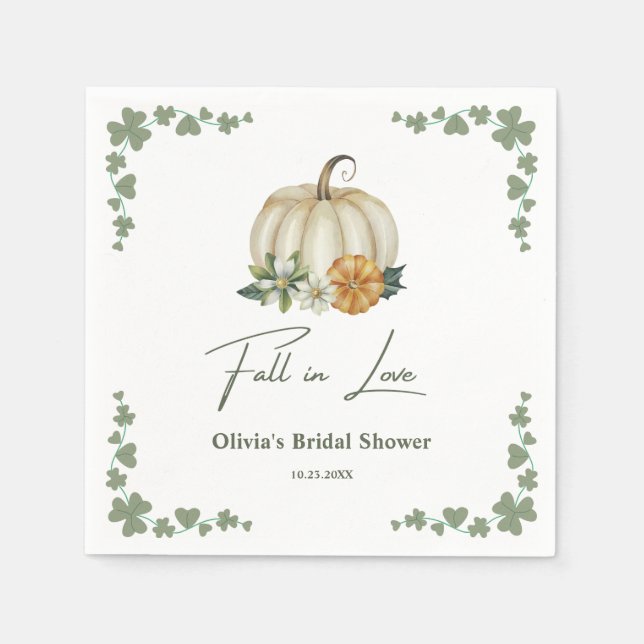 Fall in Love Autumn Greenery Pumpkin Bridal Shower Napkins (Front)