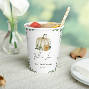 Fall in Love Autumn Greenery Pumpkin Bridal Shower Paper Cups