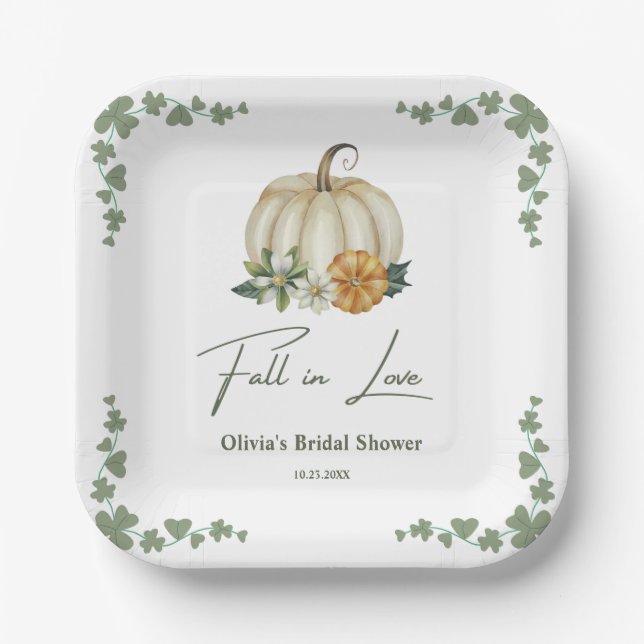 Fall in Love Autumn Greenery Pumpkin Bridal Shower Paper Plates (Front)