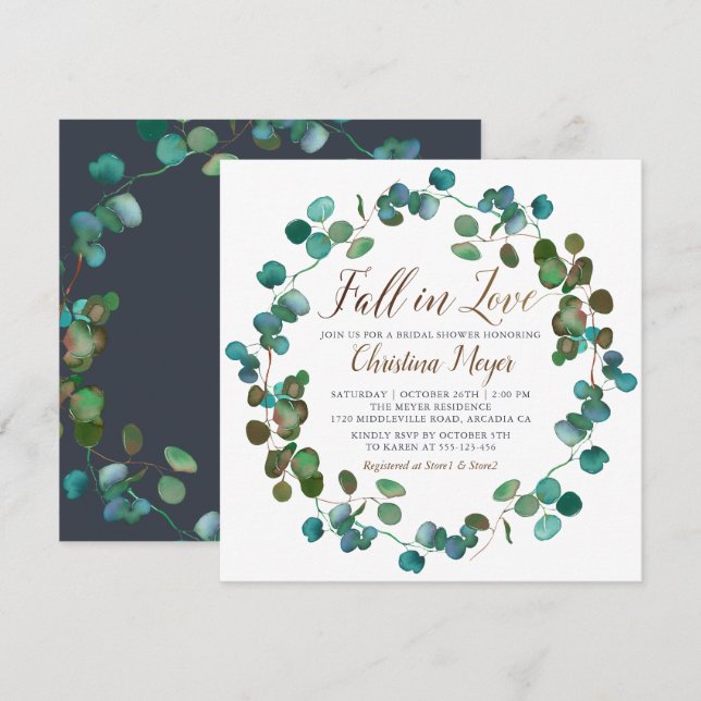 Fall in Love Autumn Greenery Wreath Bridal Shower Invitation (Front/Back)