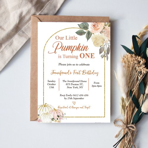 Fall in Love Autumn Harvest Pumpkin 1st Birthday  Invitation