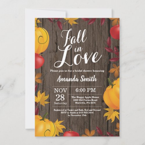 Fall in Love Autumn Harvest Pumpkin Bridal Shower Invitation