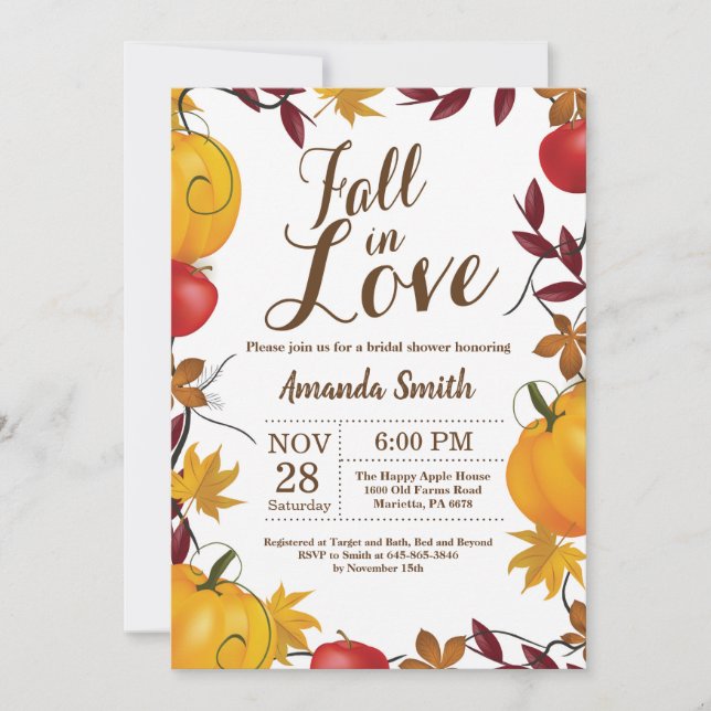 Fall in Love Autumn Harvest Pumpkin Bridal Shower Invitation (Front)
