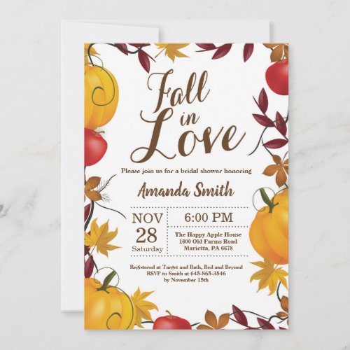 Fall in Love Autumn Harvest Pumpkin Bridal Shower Invitation