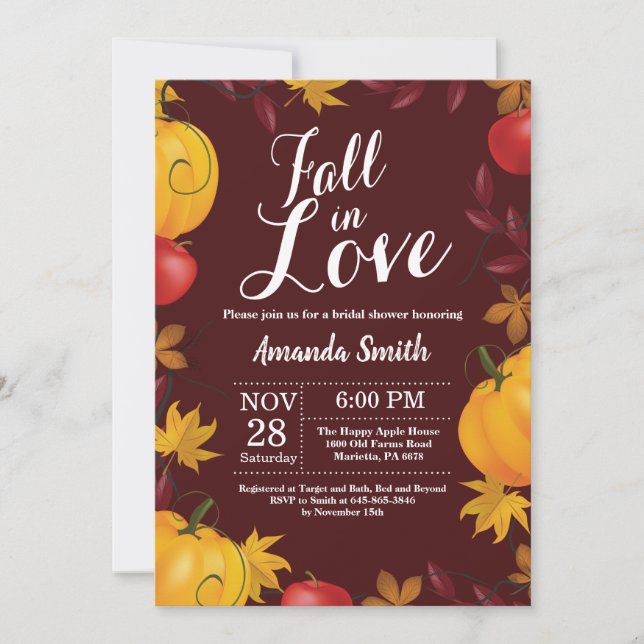 Fall in Love Autumn Harvest Pumpkin Bridal Shower Invitation (Front)