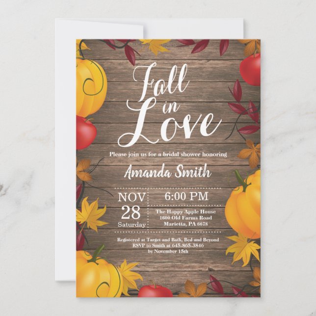 Fall in Love Autumn Harvest Pumpkin Bridal Shower Invitation (Front)