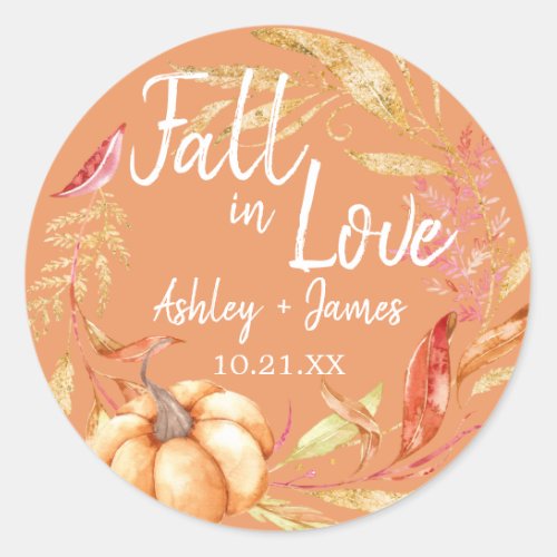 Fall in Love Autumn Leaf Orange Wedding Monogram Classic Round Sticker