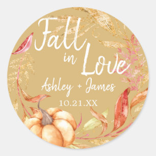 Fall in Love Autumn Leaf Yellow Wedding Monogram Classic Round Sticker