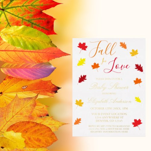 Fall In Love Autumn Leaves Baby Shower Foil Invitation