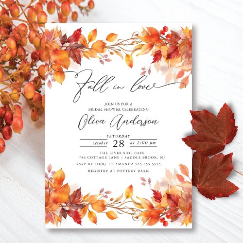 Fall In Love Autumn Leaves Bridal Shower  Invitation