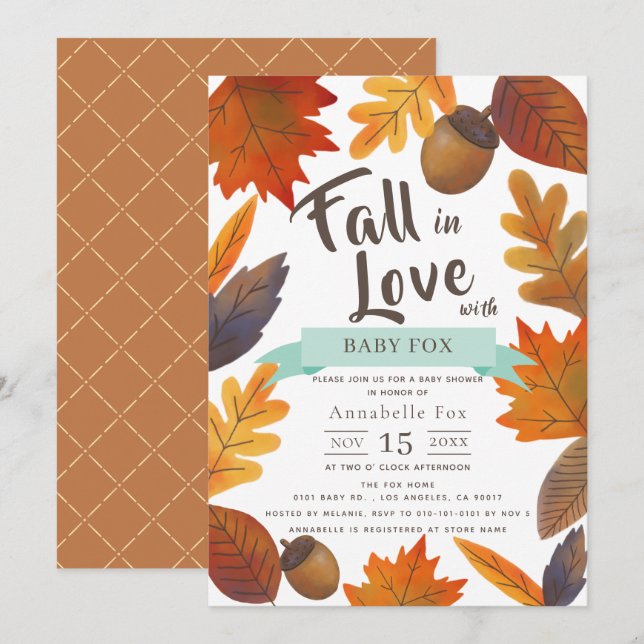 Fall in Love Autumn Leaves Brown Baby Shower Invitation (Front/Back)